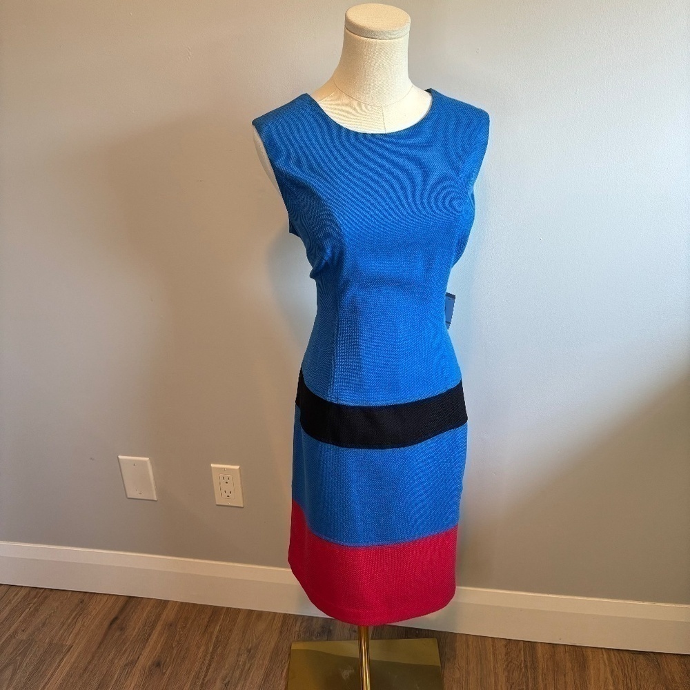 Anne Klein Women's Blue Sheath Midi Dress Striped Red w/ Black, NWT Size 12